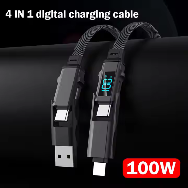 Trending Products 2025 Wholesale Nylon Type c Usb a Cables with Display Pd 100w Multifunctional Fast Charging 4 in 1 Data Cable
